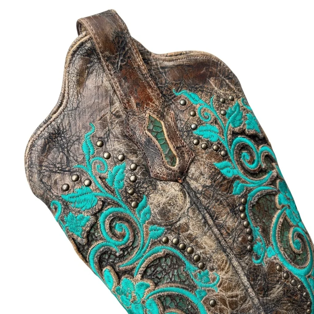 CORRAL Boots Dark Antique Saddle Floral Turquoise Inlay & Studs 6.5 - Picture 10 of 16